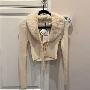 Zara Cream Ribbed Cardigan with Faux Fur Trim